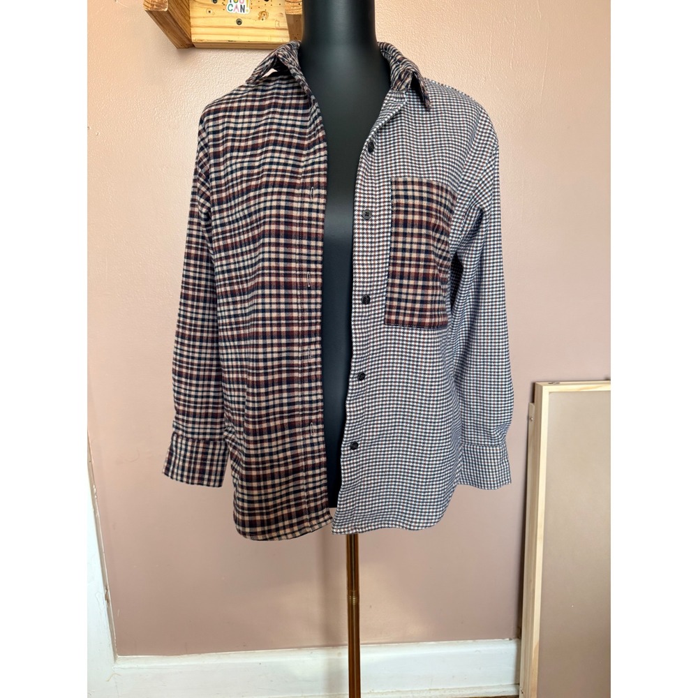 Abercrombie & Fitch XXS Brown Plaid Mixed Houndstooth Oversized‎ Flannel Shirt